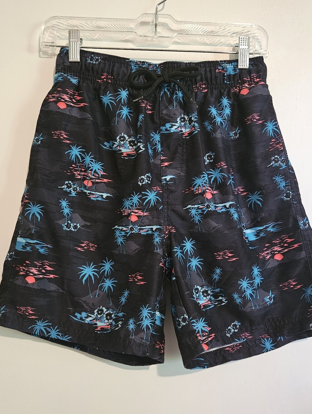 Burnside Boys Black Tropical Print Swim Trunks Size Small Palm Trees Pink Sun